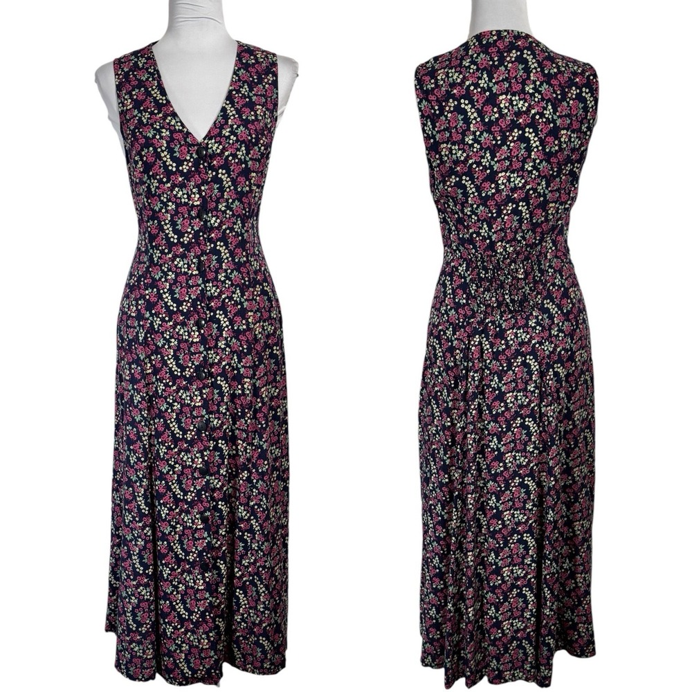 Y2K Jamie Brooke Boho Floral Print Midi Shirt Dress Size L M Button Front Casual